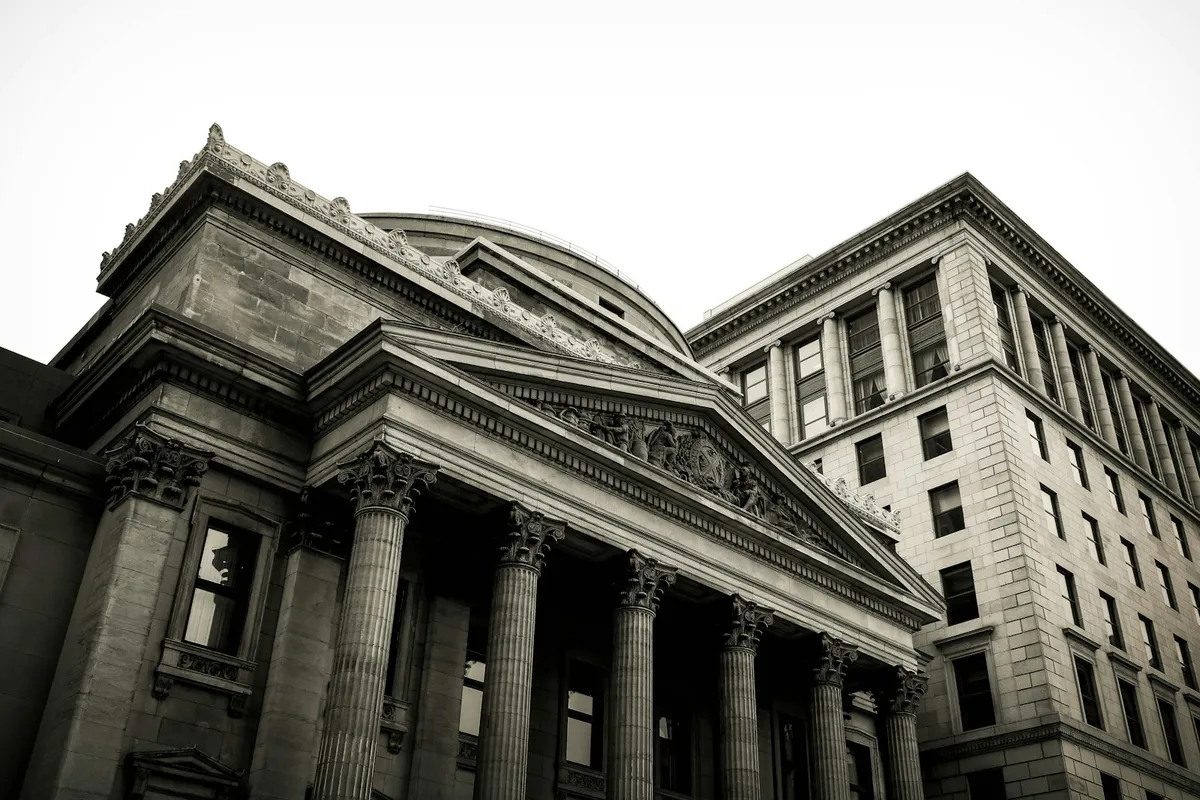 Ornate interior of a historic bank hall